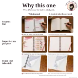 Why this one: this journal beside a typical glued notebook, opening flat, imperfect by design, thicker paper