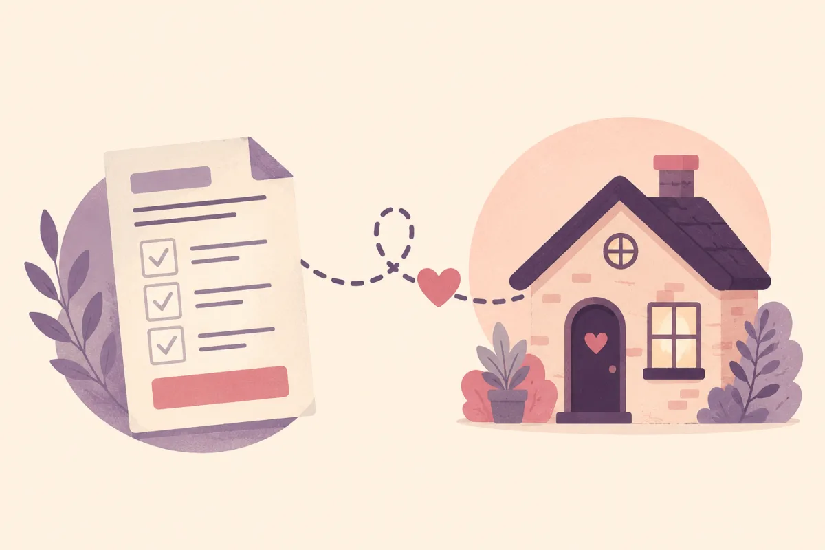 A friendly illustration of a checklist linked by a dotted line to a small, welcoming house.