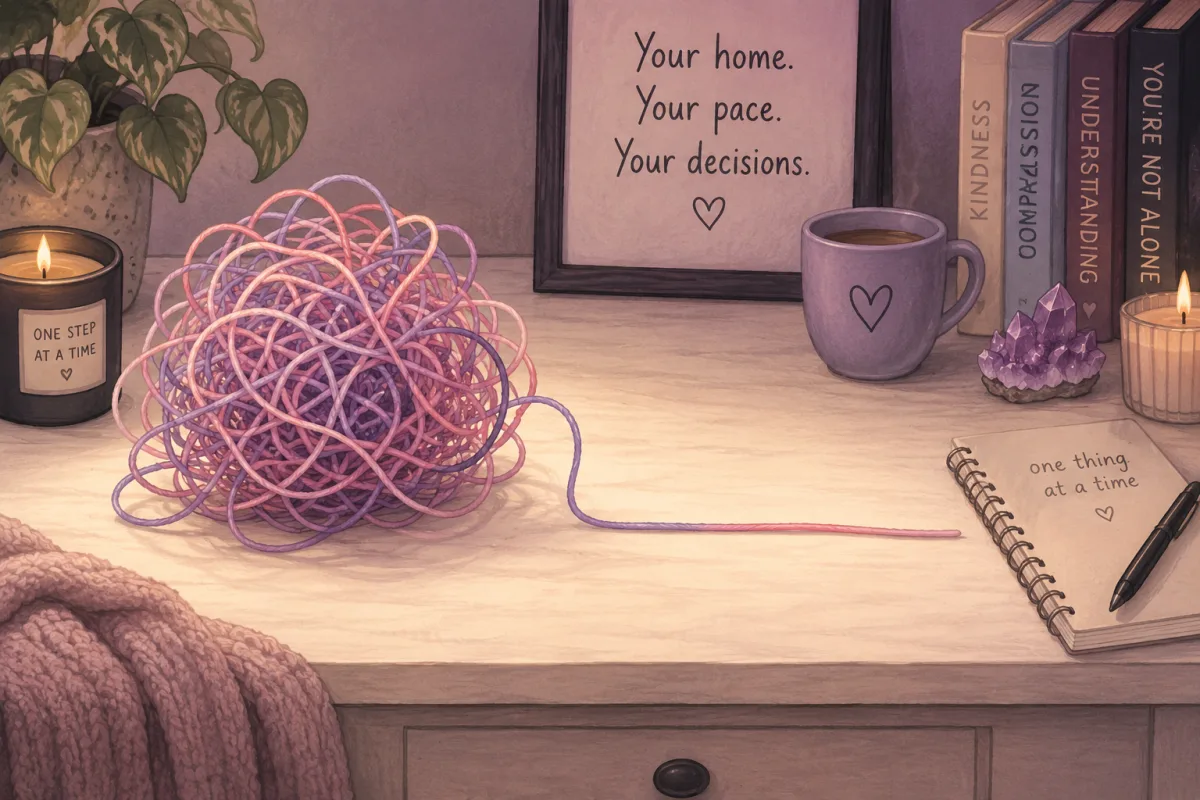 A calm desk with a large tangled ball of yarn, a warm mug and a framed note reading 'Your home. Your pace. Your decisions.'