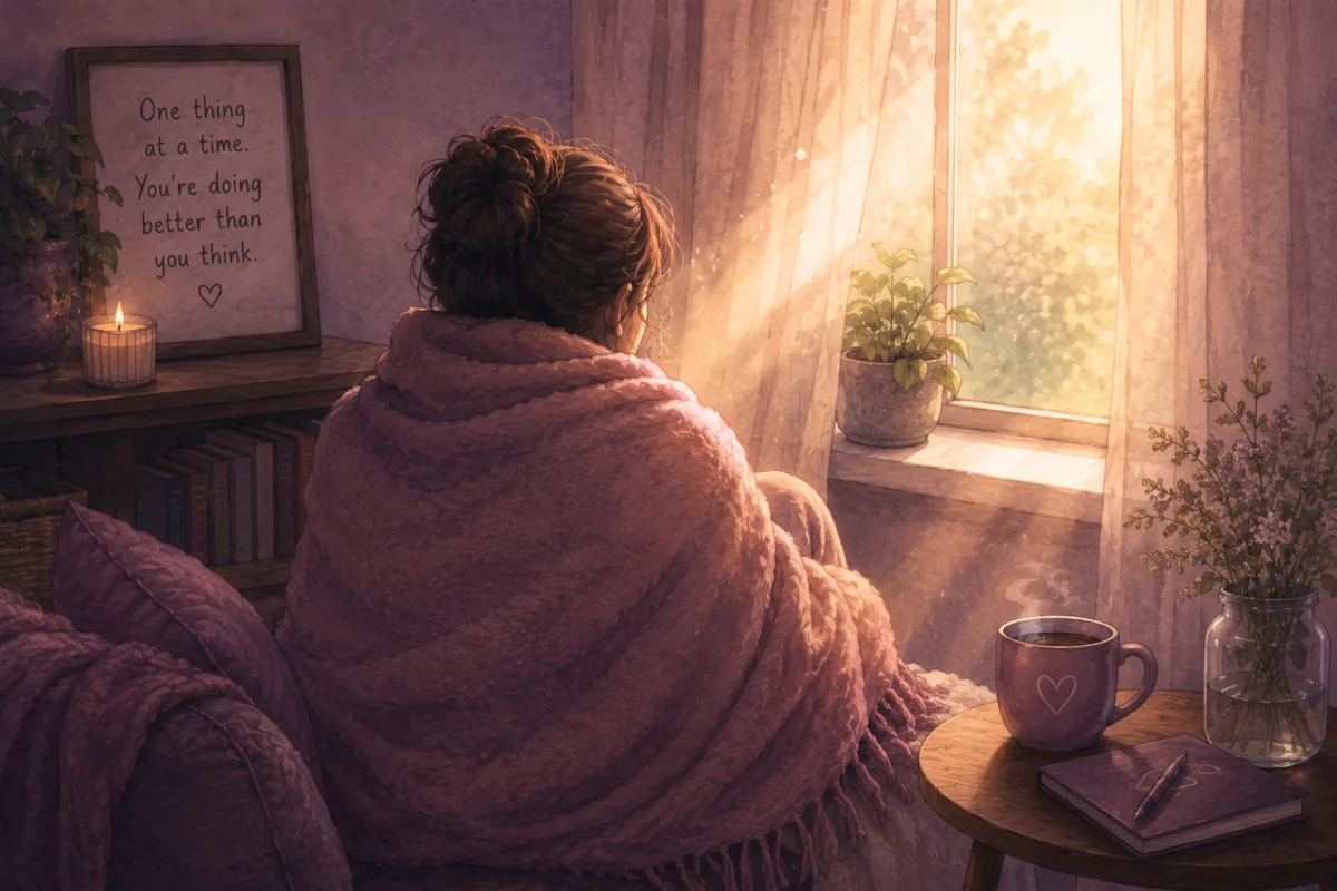 A person wrapped in a blanket by a sunlit window, beside a framed note reading 'One thing at a time. You're doing better than you think.'