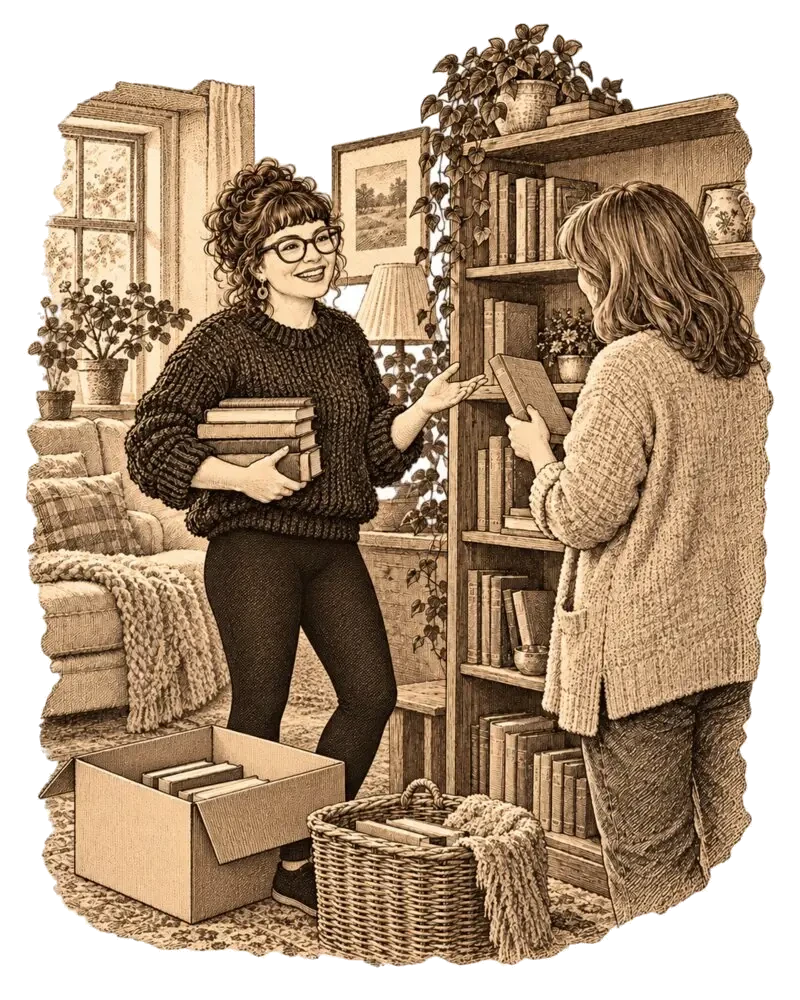 Kari, in glasses and a black jumper, holds a stack of books and talks with a smile while the woman she is helping looks at a book from the shelf they are sorting together