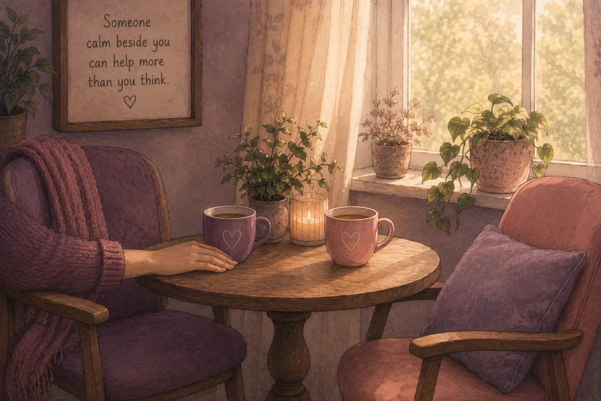 A cosy table for two with warm mugs and a candle, beside a framed note reading 'Someone calm beside you can help more than you think.'