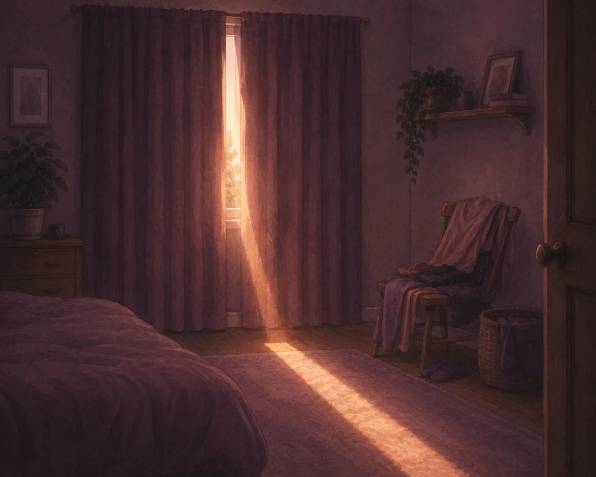 A dim bedroom with curtains drawn and a single soft shaft of daylight falling across the floor.