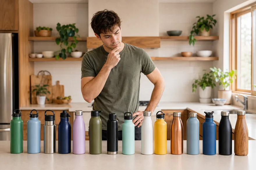 AI-generated scene: a man in a kitchen looking thoughtfully at a long row of fifteen assorted water bottles lined up on the counter