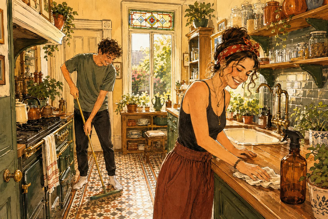 Ink and watercolour drawing of two people working in a warm kitchen, one wiping the counter by the sink, one sweeping the tiled floor