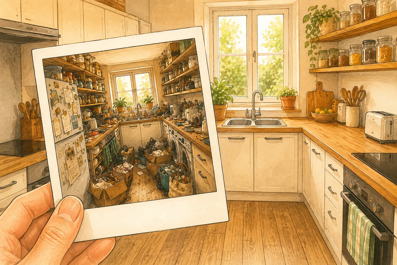 Ink and watercolour drawing of a hand holding a photo of a kitchen when it was very full, standing in the same kitchen now settled and clear