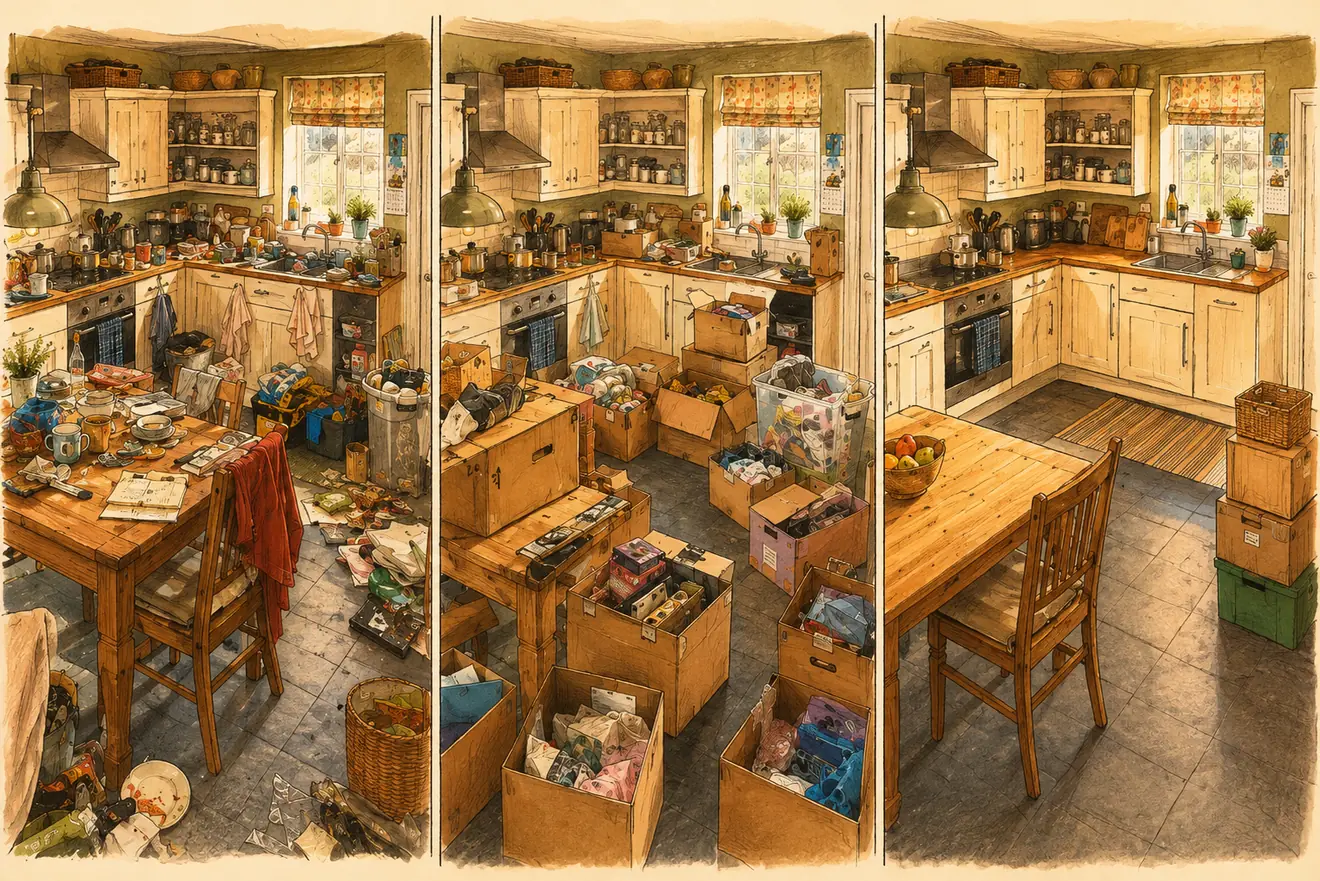 Ink and watercolour drawing of one kitchen in three stages of sorting: lived-in and cluttered at first, then fuller than ever with open sorting boxes mid-way, then settled and clear