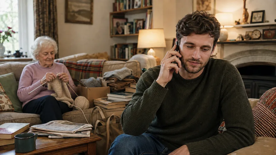 AI-generated scene: an adult son making a quiet phone call in the living room while his mother knits on the sofa behind him