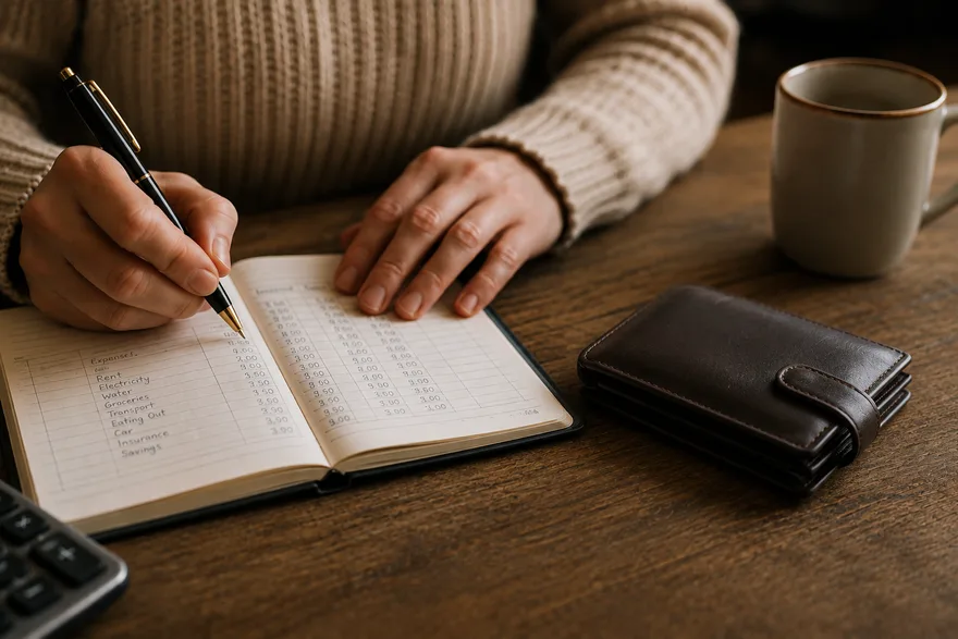 Illustrated scene: hands working calmly through a household budget in a notebook, wallet closed and a cuppa within reach