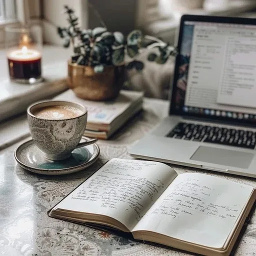 A journal, coffee, plant and laptop on a desk