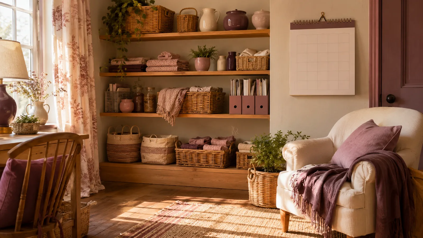 Open shelves with baskets where everything is visible, a wall calendar and warm sunlight across the floor