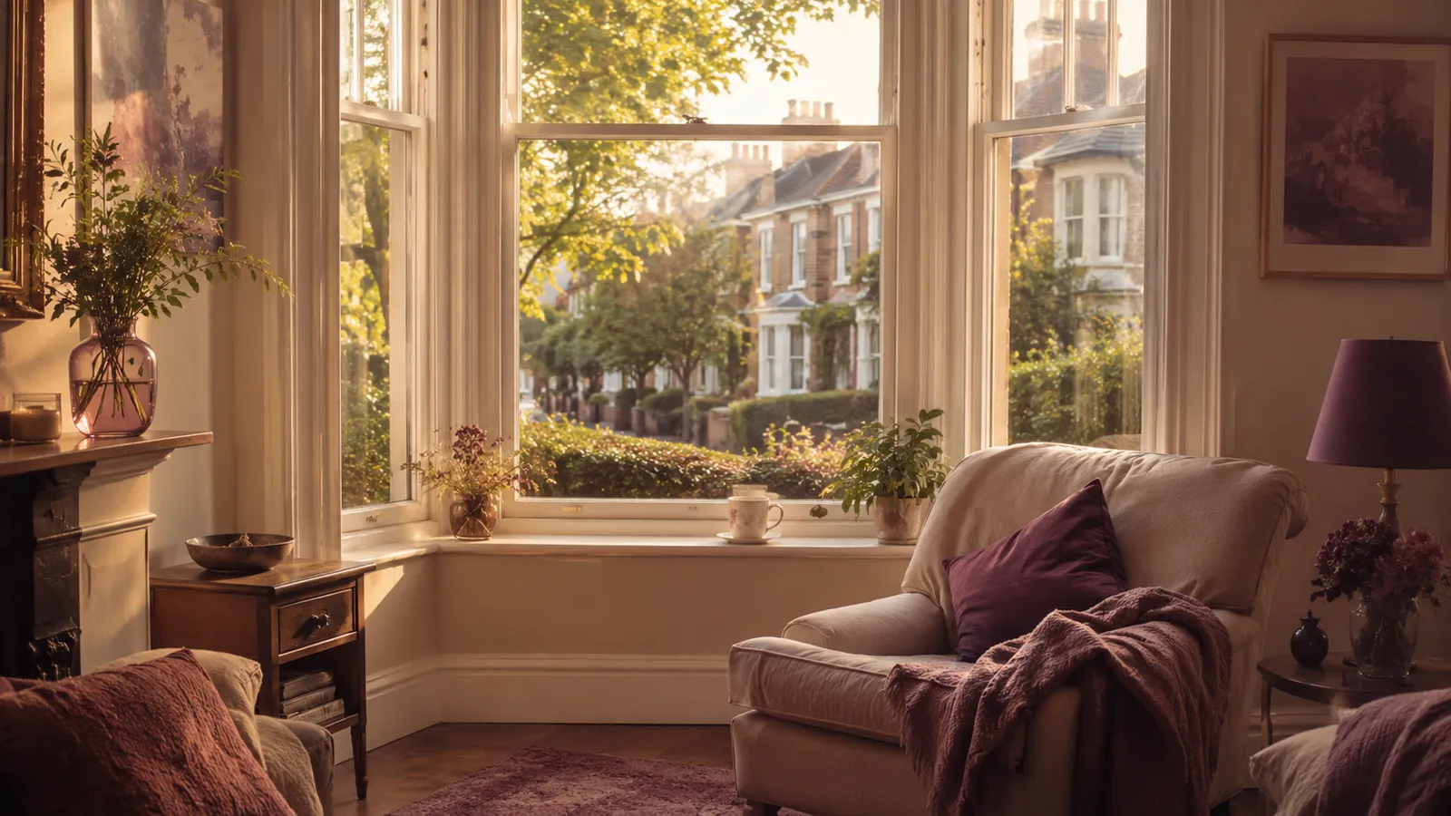 A calm bay-window front room looking out on a leafy tree-lined Ealing street, a cup of tea on the sill