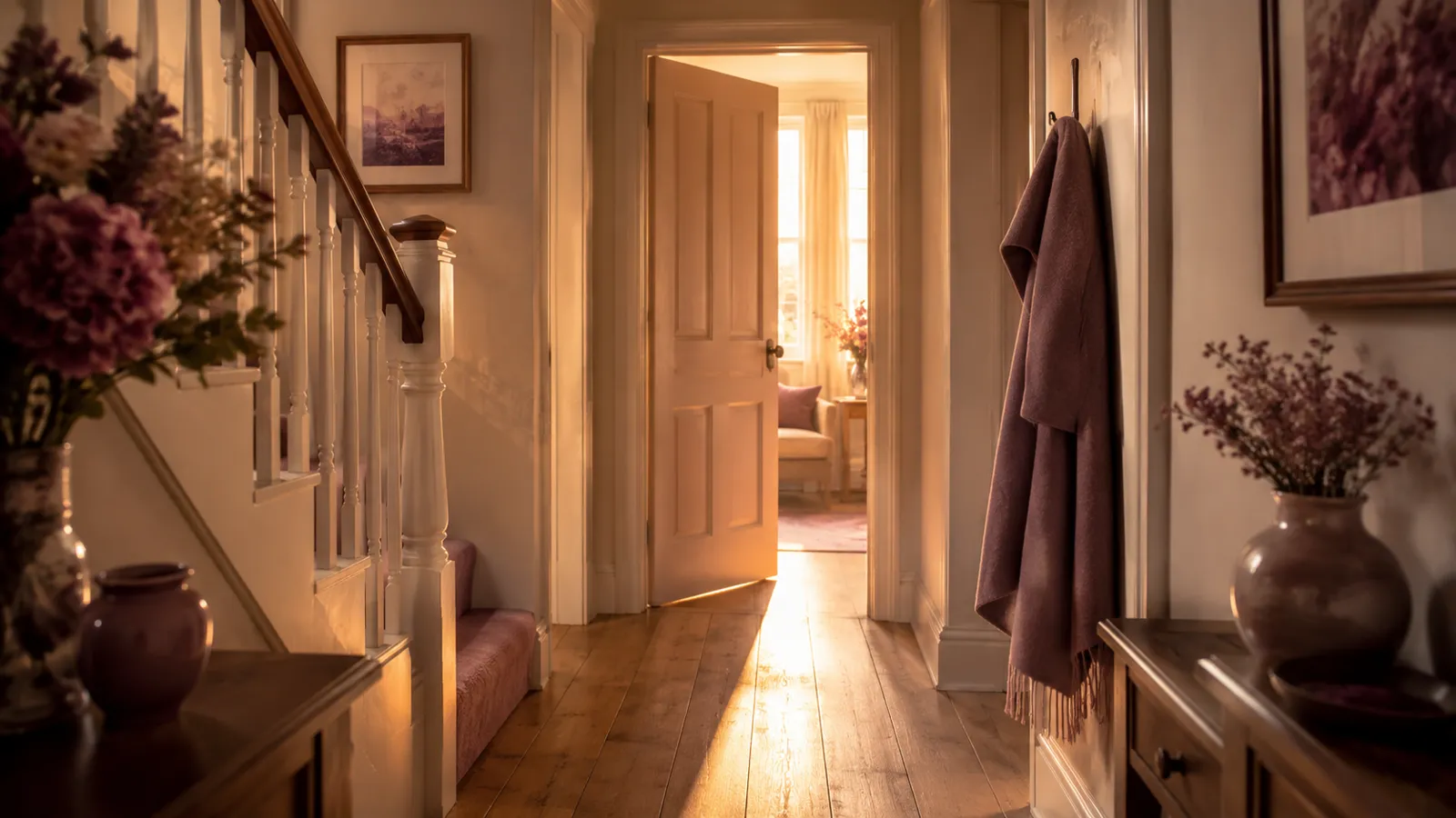 A quiet hallway with a door ajar and warm light spilling through onto wooden floorboards