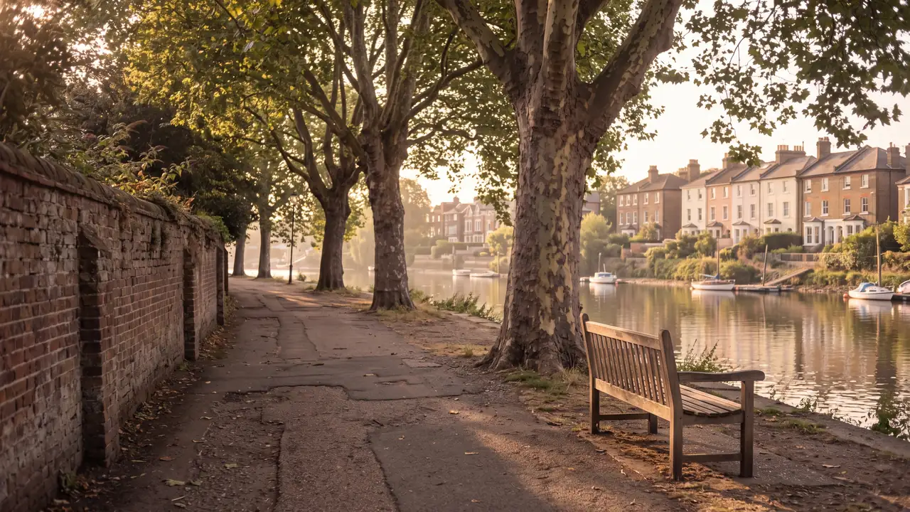 A quiet riverside path in West London at golden hour, a wooden bench under plane trees and a row of terraced houses across the water