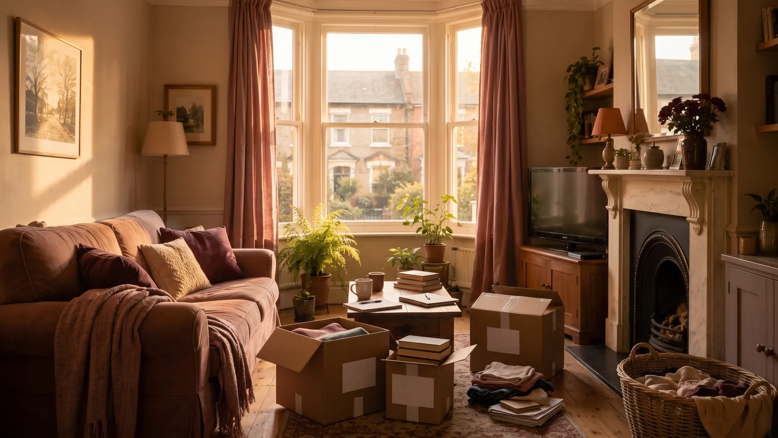 A London front room part way through a gentle sort: a few cardboard boxes on the rug, books stacked on the coffee table and two mugs of tea, evening light through the bay window