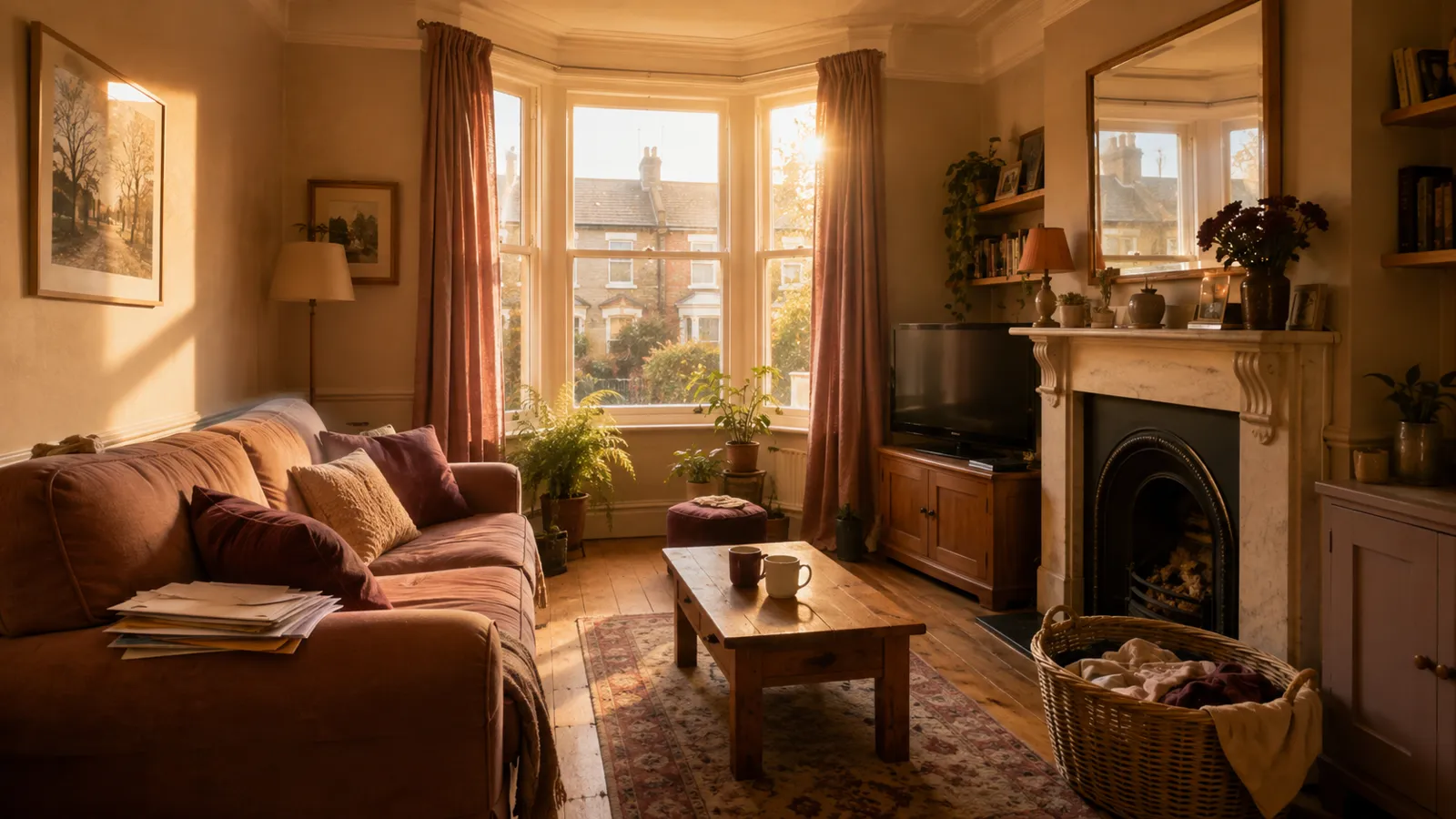 A lived-in London terrace living room with post on the sofa, mugs on the table and low sun through the bay window