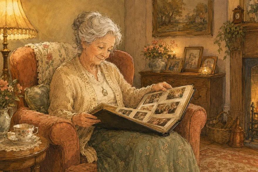 Illustrated scene: an older woman in an armchair by a lamp, smiling over an open photo album on her lap