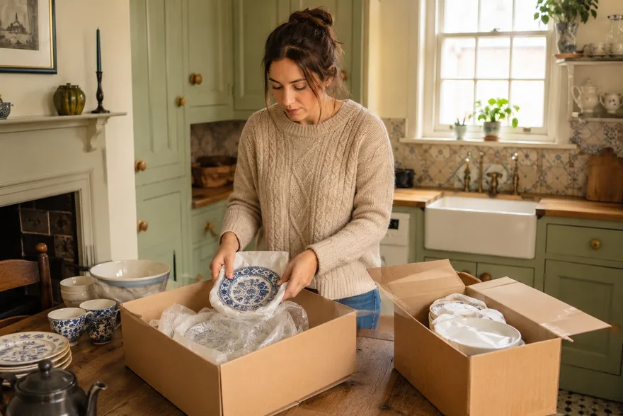AI-generated scene: a woman in a warm kitchen wrapping a blue and white plate in tissue paper, packing china carefully into boxes