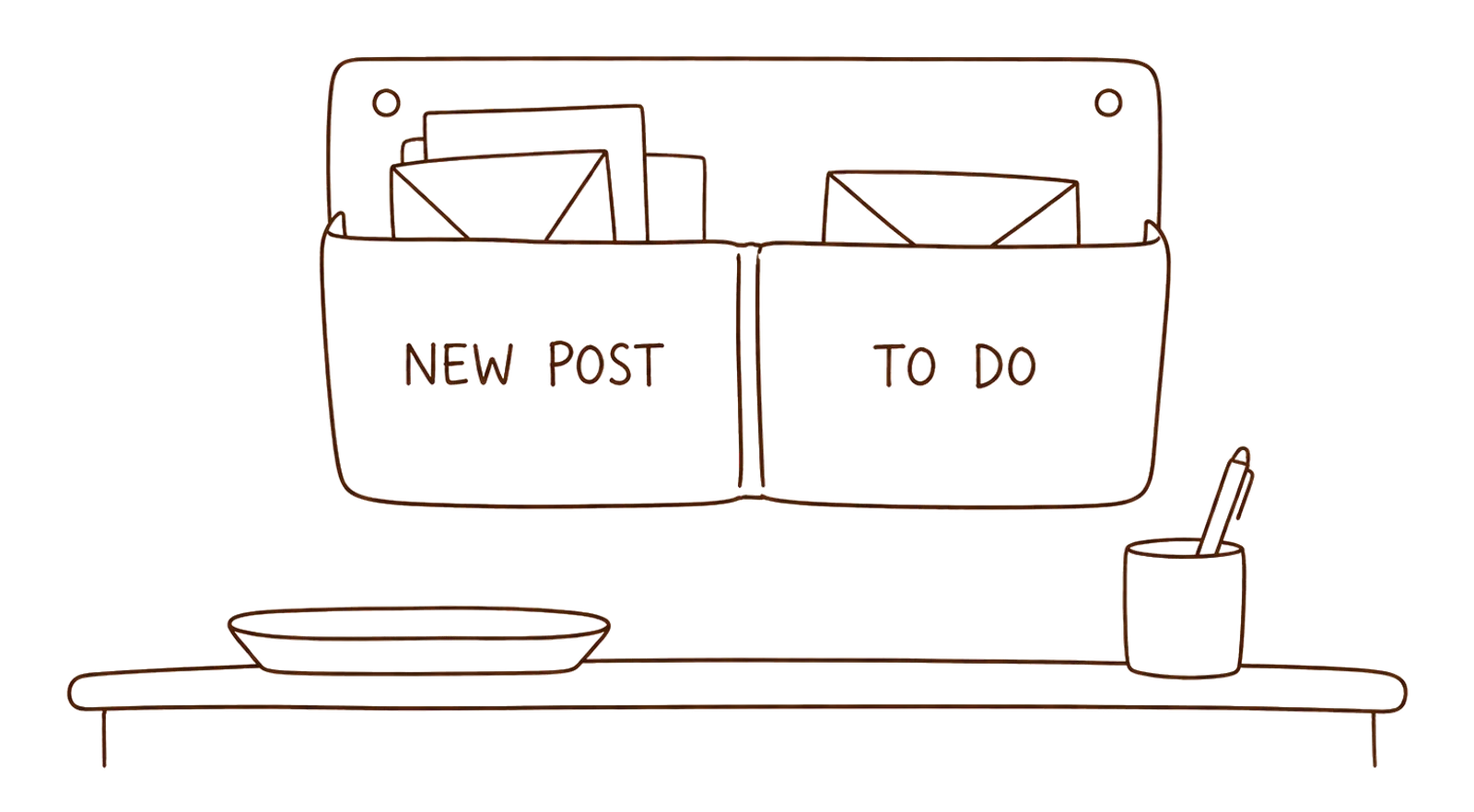 A wall rack drawn in a few lines with two pockets lettered NEW POST and TO DO, a few envelopes in the first and a single envelope in the second, a tray and a pen in a pot on the sideboard below