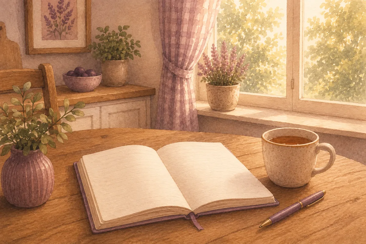 An open journal and a pen on a kitchen table by a window, a mug of tea beside it, morning light