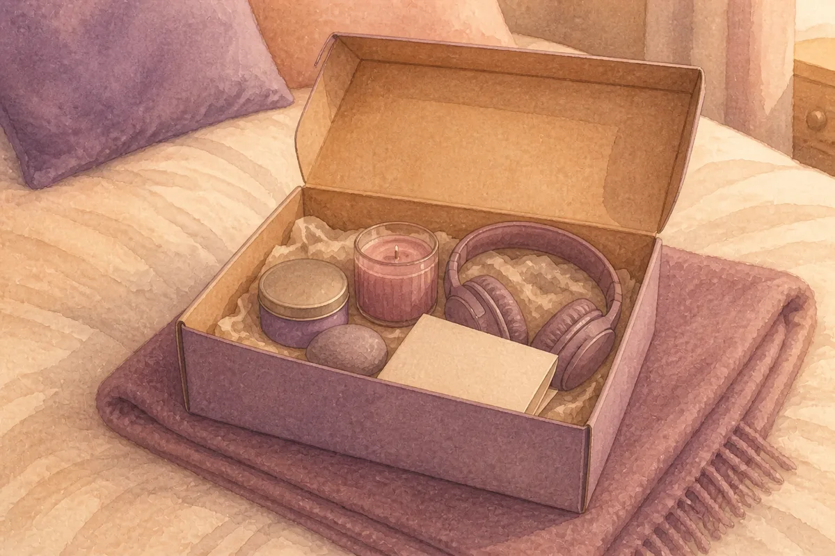 An open box on a bed with a folded blanket, holding a small tin, a candle, a smooth stone, a folded note and a pair of headphones