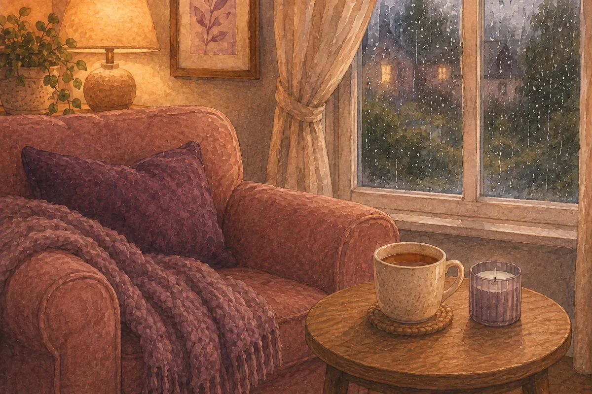 A sofa corner with a blanket, a mug of tea and an unlit candle on the side table, rain on the window behind, warm lamp light
