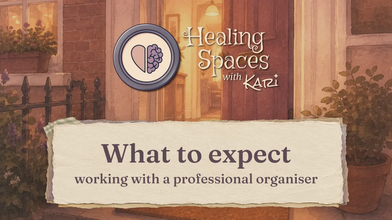 A front door standing ajar with warm light spilling through, the Healing Spaces logo above it