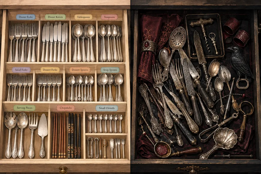 Illustrated scene: two cutlery drawers side by side, one neatly compartmented with printed labels, the other filled with ornate heirloom silverware, keepsakes and a napkin ring