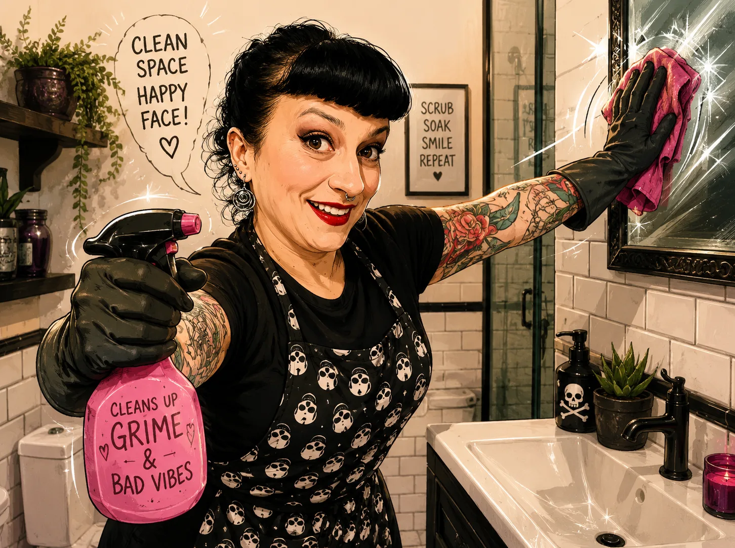 Illustration of Kari grinning mid-clean in a bathroom, one gloved hand polishing a sparkling mirror with a pink cloth, the other holding out a pink spray bottle labelled cleans up grime and bad vibes, with a speech bubble reading clean space happy face