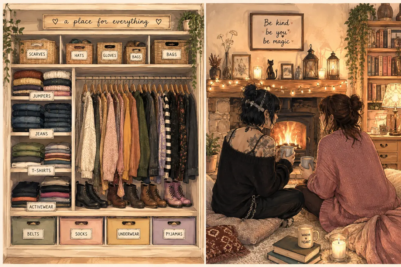 Illustrated scene in two halves: on the left, a beautifully organised wardrobe with labelled baskets and folded jumpers under a sign reading a place for everything; on the right, two women sit with mugs of tea by a lit fireplace among cushions, candles and fairy lights
