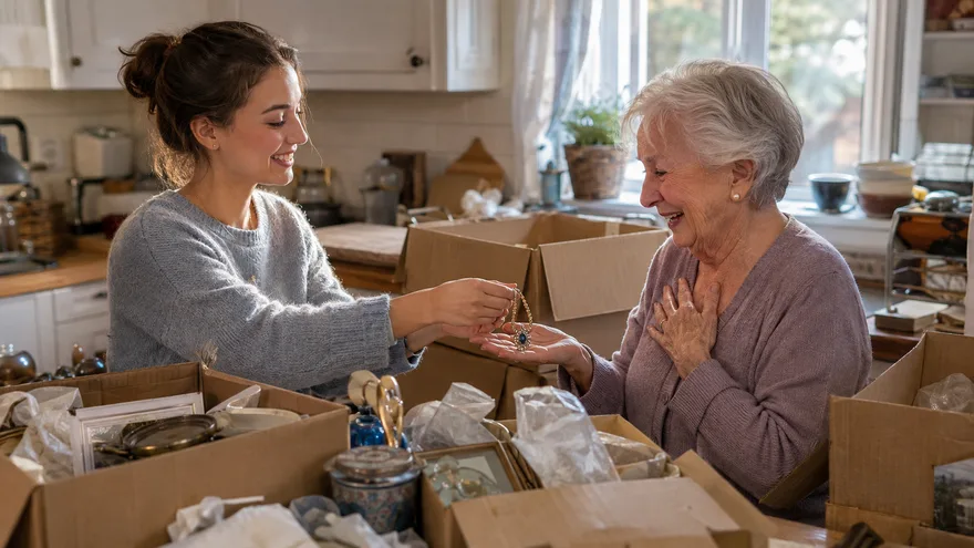 AI-generated scene: a helper handing a rediscovered necklace to a delighted older woman among carefully sorted boxes in a bright kitchen